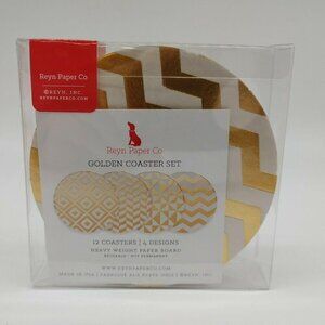 Reyn Paper Co 12 Reusable Golden Coasters Set Heavy Weight Paper Board Gold Foil